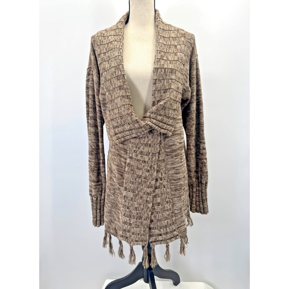 VTG Y2K Brown Variegated Knit Duster Cardigan Sweater L Fringe Button Boho Bratz